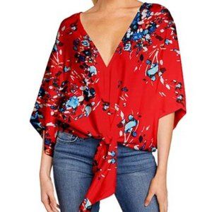 Red & Blue Floral V-Neck Knot-Hem Top - XL